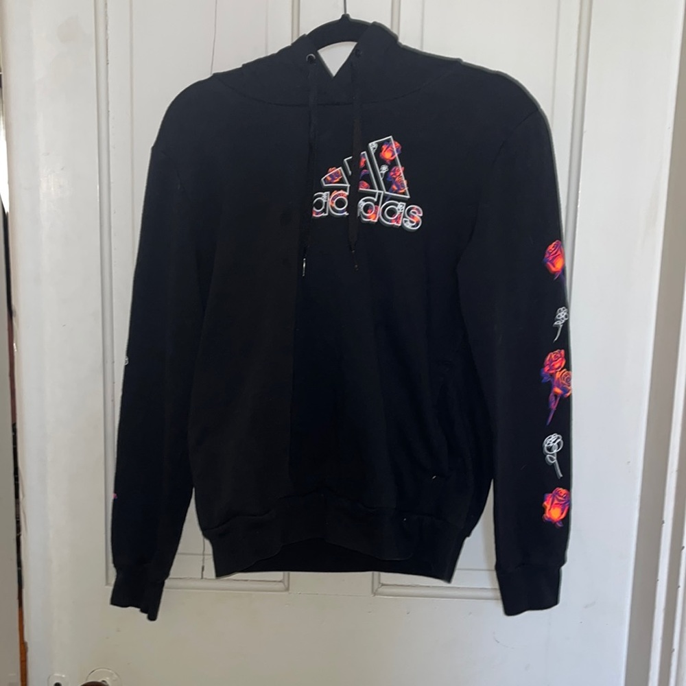 Adidas pullover hoodie with logo and multicolor flower designed sleeves